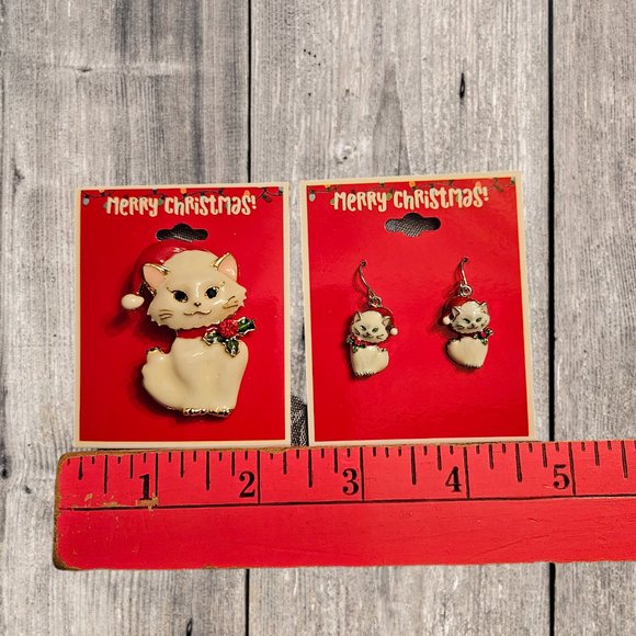 NWT Christmas Santa Kitty Cat Brooch Pin and Earrings Set - Picture 4 of 5